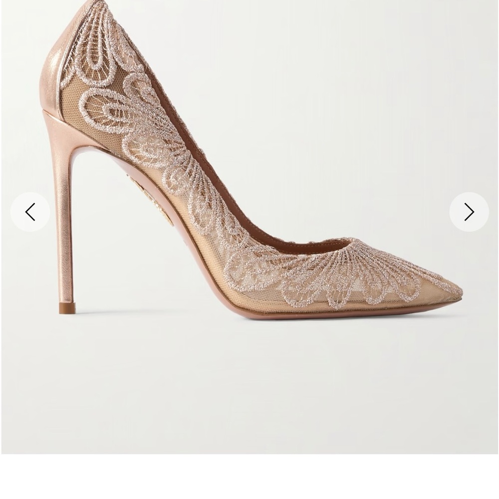Aquazzura 105 metallic leather-trimmed Chantilly lace pumps